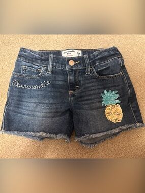 abercrombie kids Dark Blue Denim Shorts with Sequin Pineapple